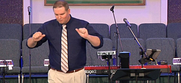 Pastor Wes Terry makes a point during a sermon at Broadview Baptist Church in Abilene.